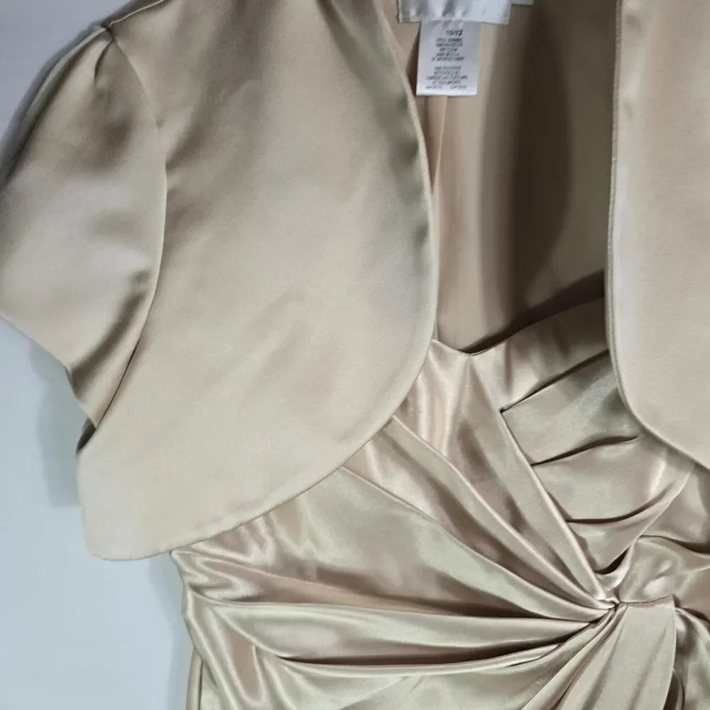David’s Bridal Champagne Satin Gown w/ Bolero Formal Evening Dress Size 10/12